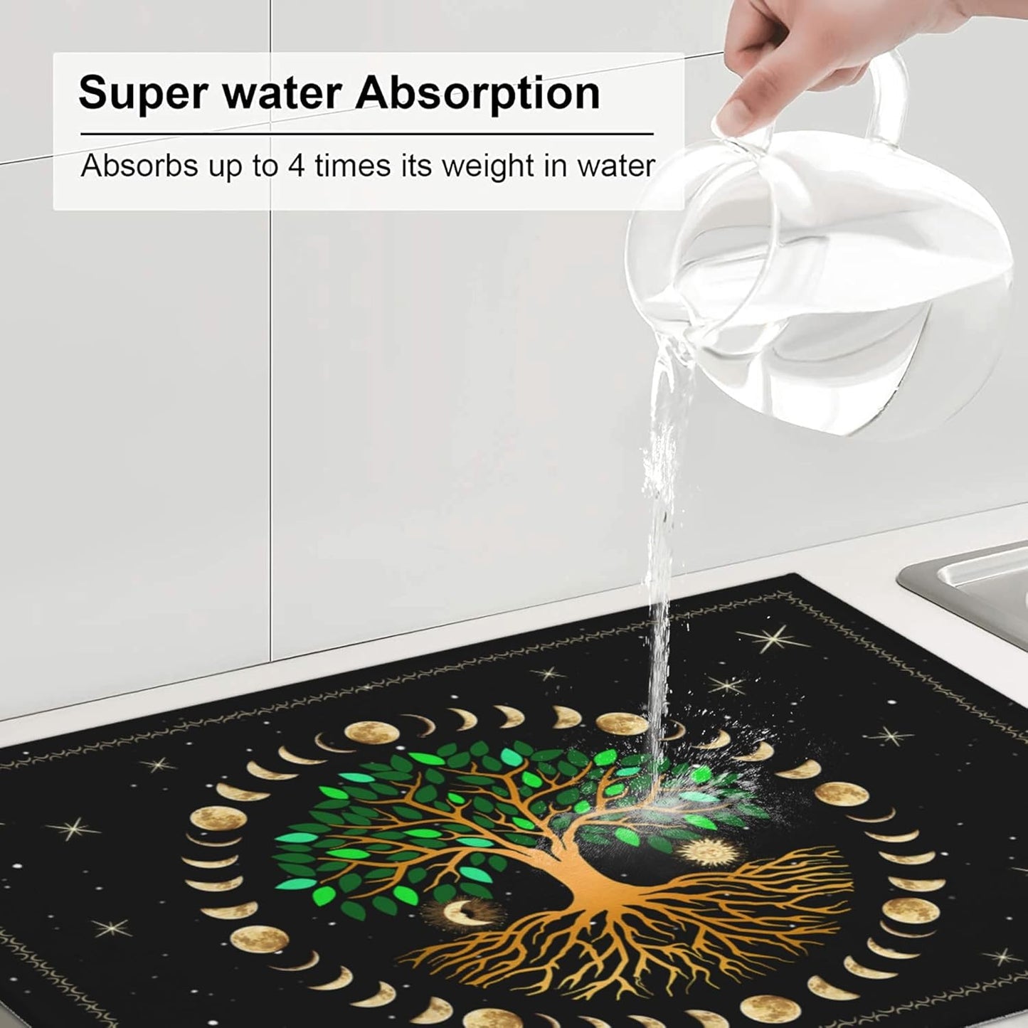 Black Microfiber Dish Drying Mat for Kitchen Counter 18"x24" Ancient Life Tree Decorative Dishes Pad Dish Drainer Rack Mats Absorbent Washable Reusable Moon Luna Hippy Decor