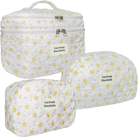 3Pcs Large Travel Quilted Makeup Bag, Double Layer Cute Floral Cotton Toiletry Bag, Aesthetic Flower Cosmetic Bag Coquette Skincare Organizer Bag for Women (76-YellowFloral)