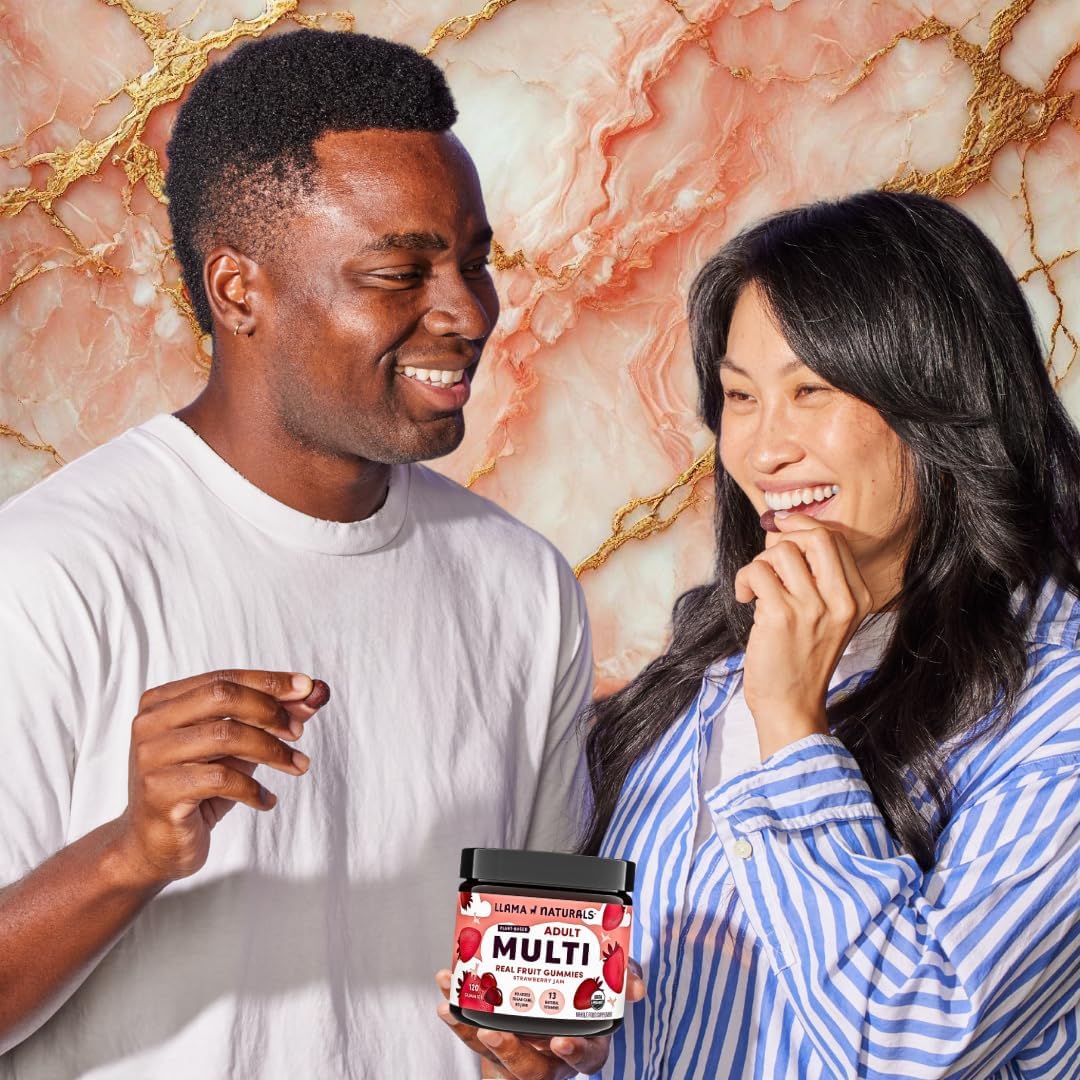 Llama Naturals Multivitamin for Women & Men, Vegan, Organic Gummies with Vitamin D, C & K, Adults Real Fruit Gummy Vitamins, Chewable Multivitamin Supplement, No Added Sugar Cane, Strawberry, 120 Ct