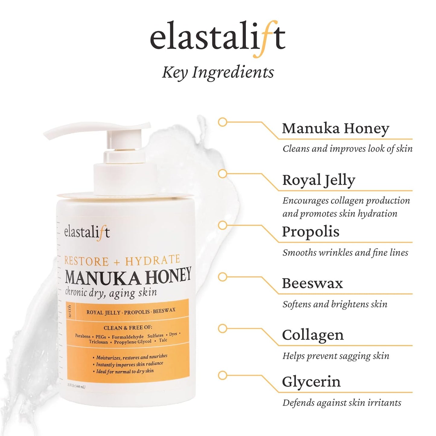 Elastalift Manuka Honey Cream Face Moisturizer & Body Butter Lotion For Dry Skin | Firming & Hydrating Miracle Balm Skin Care Moisturizing Lotion For Women, Wrinkles, & Sun Damaged Skin, 15 Fl Oz