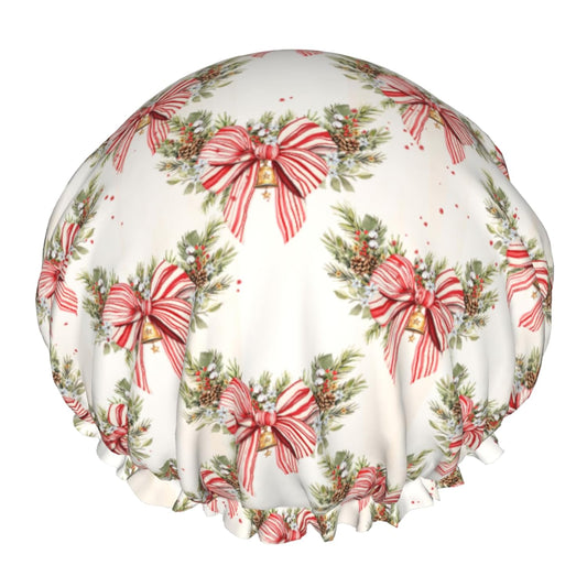 Xmas Shower Caps for Women Reusable Red Striped Bowknot Holly Berry Double Waterproof Layers Bath Hair Hat with Elastic Band Protects Hair in Shower Cooking Clean Makeup