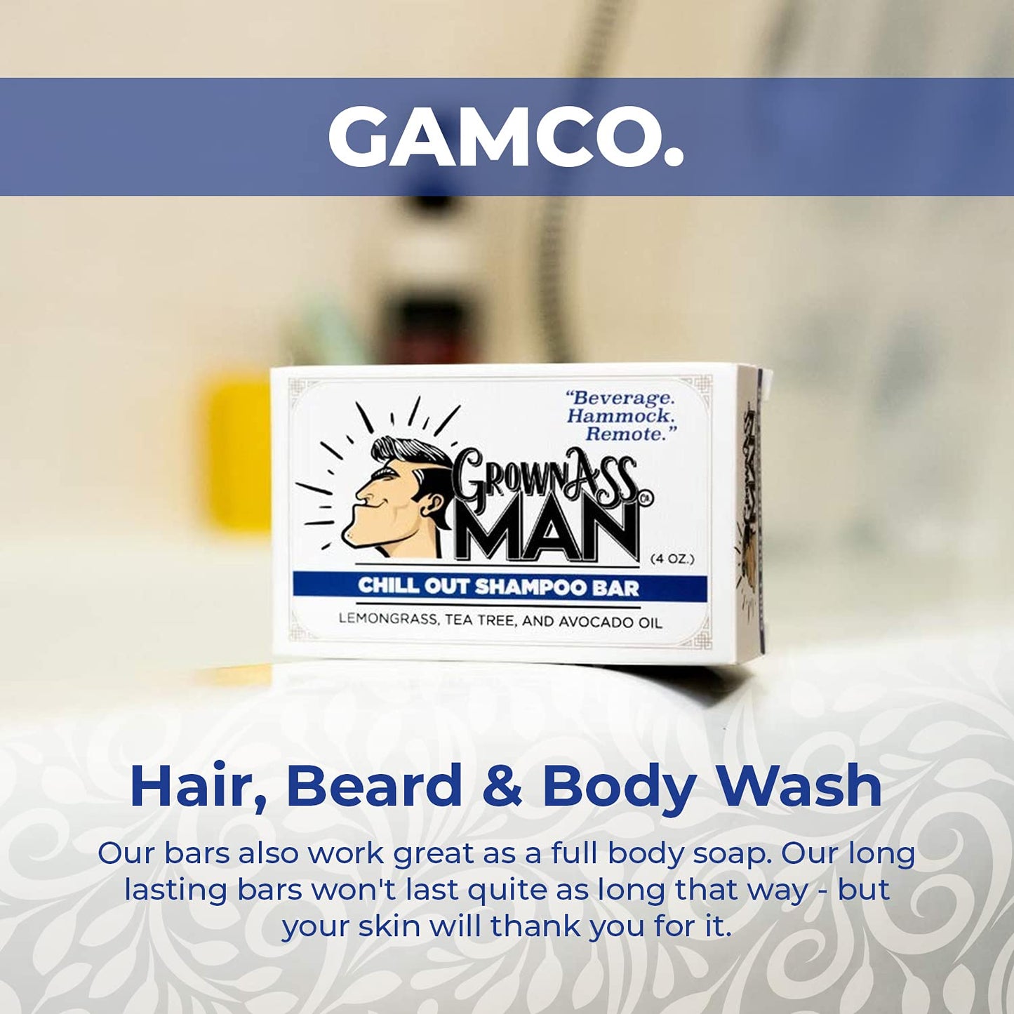 Grown Ass Man Co. - Solid Shampoo Bar Rich Lather 3 in 1: Hair, Beard & Body Wash - Plastic Free & Eco-Friendly, Natural & Organic Clean for All Hair Types, 4oz Bar (Chill Out, Single)