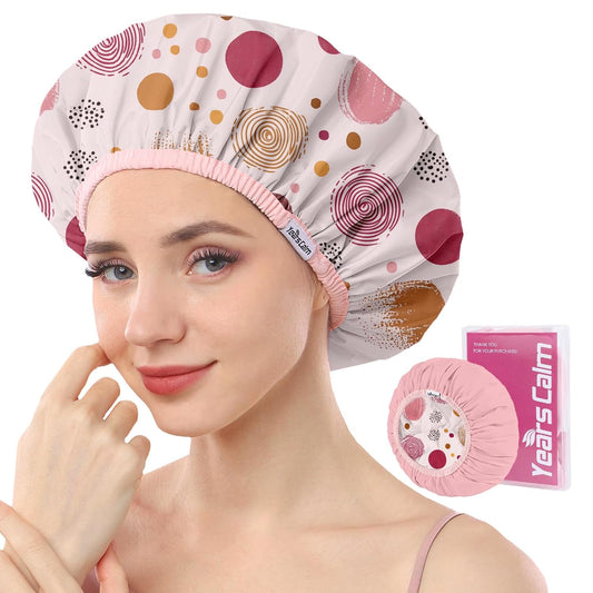 Years calm Luxury Shower Caps for Women Reusable Waterproof – Polka Dot Double Layer Bath Cap with Adjustable Elastic for Braids & Long Hair, Comfortable & Stylish, Versatile Use (Pink)