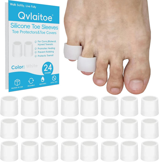 Silicone Toe Sleeves, 24 Count Pinky Toe Protector for Pain Relief, Gel Toe Covers for Blisters, Corn, Bunion, Hammer Toes, Overlapping Toes, Toenails Loss (White)