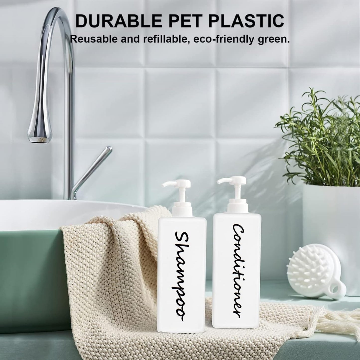 21oz Shampoo and Conditioner Dispenser (Set of 3) Modern Refillable Shampoo Pump Bottles for Shower Soap - Empty Shampoo Conditioner Body Wash Dispenser Set - Stylish Permanent Labels - for Bathroom