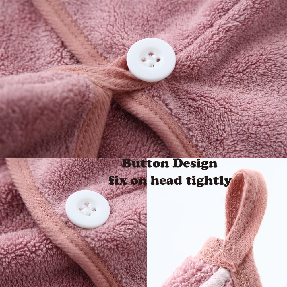 2 Pack Microfiber Hair Towel Wrap,Hair Drying Towel with Button Design,Head Towel to Dry Curly Hair Quickly (Bean Pink)