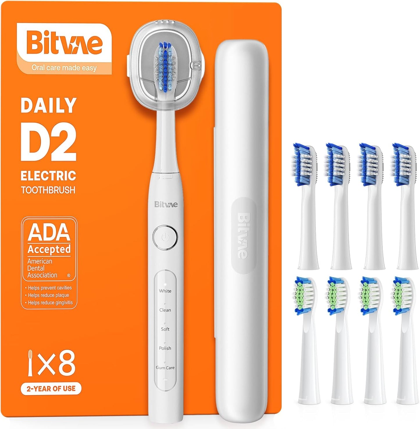 Bitvae Ultrasonic Electric Toothbrush for Adults and Kids, ADA Accepted Travel Toothbrush with Rechargeable 60-Day Battery Life, 5 Modes, 8 Heads, Case, Holder, Frost White