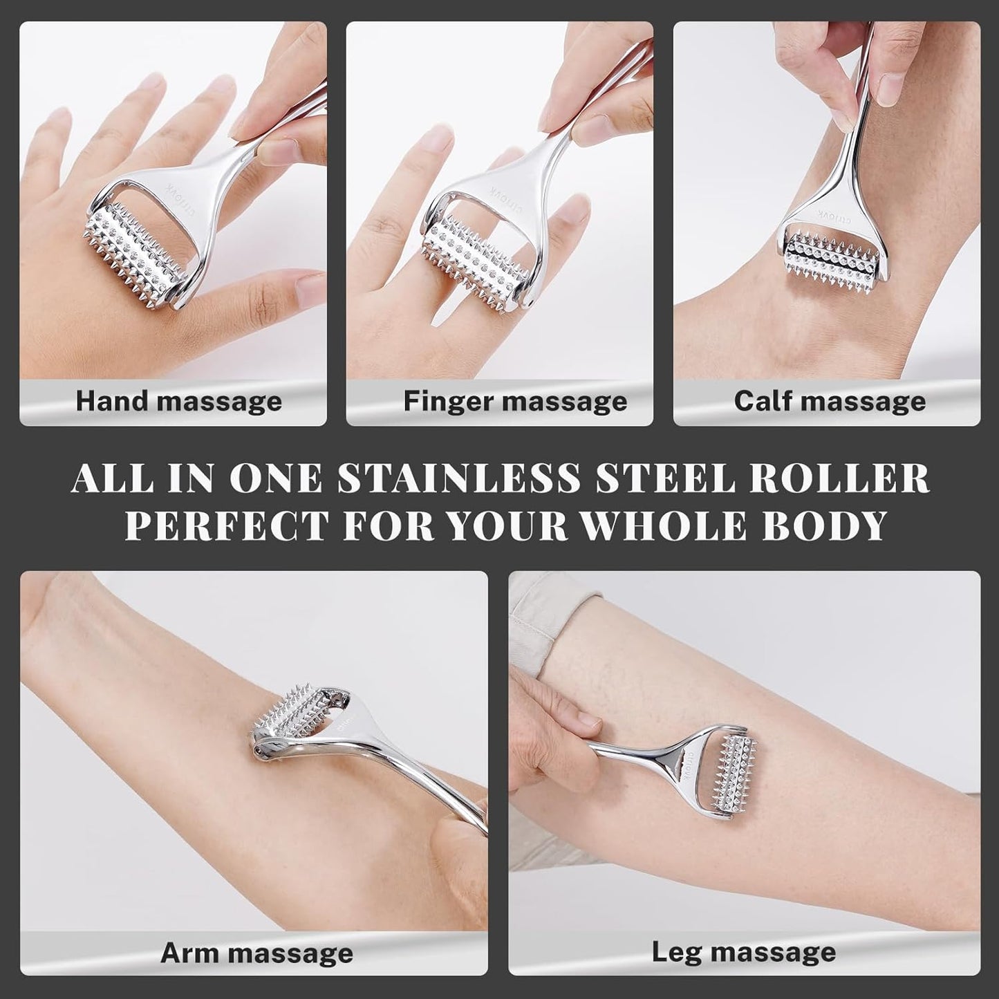 Acupuncture Massage Roller, Stainless Steel, Portable Manual Roller for Whole Body Pain Relief, Puffiness Reduce and Muscle Relaxation Massage, Silver