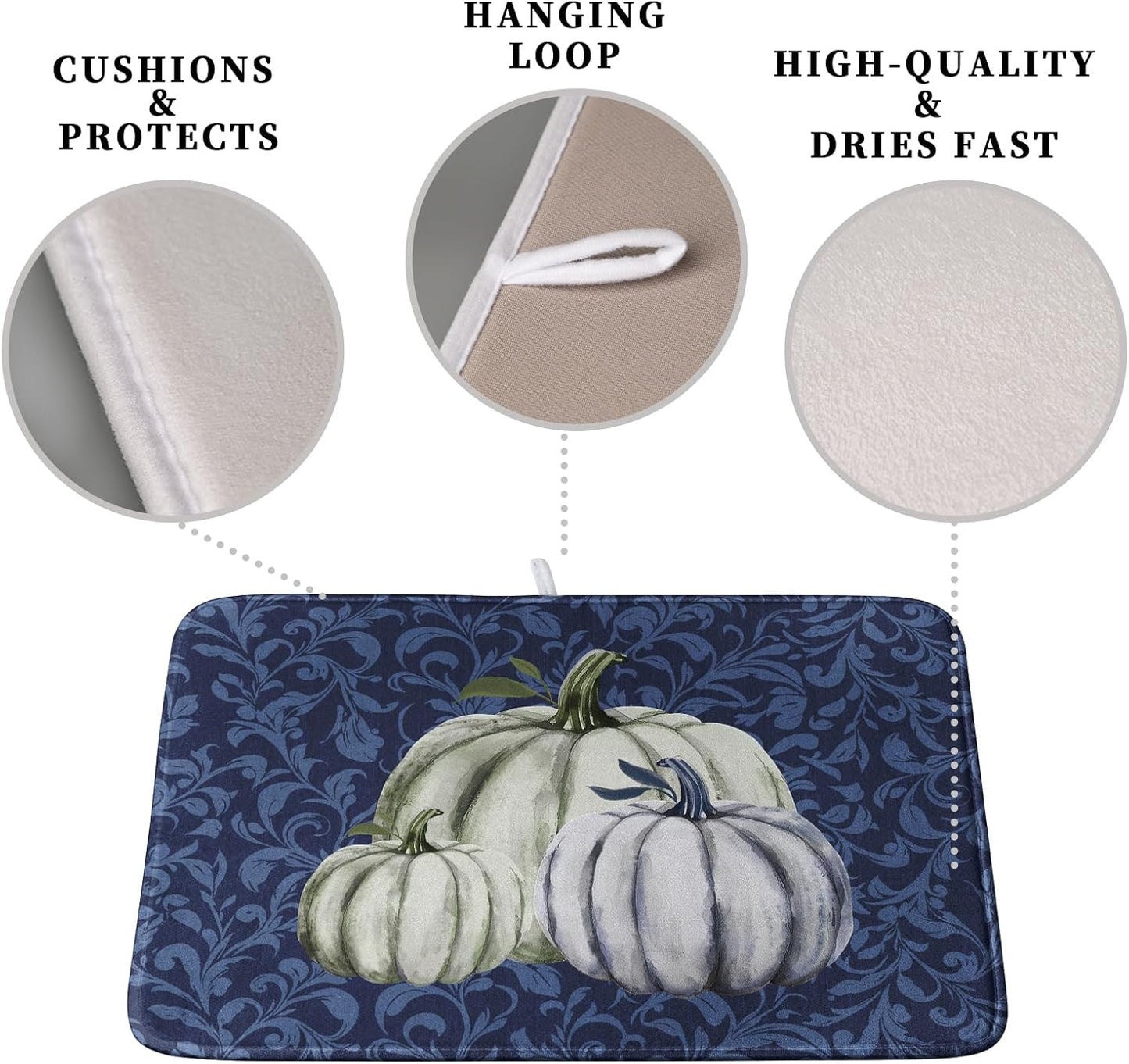 Autumn Dish Drying Mat Fall Navy Blue White Pumpkin Dish Pad for Kitchen Counter 18x24 Microfiber Absorbent Thanksgiving Dish Draining Mat Reusable Washable Dish Drainer Rack Mat