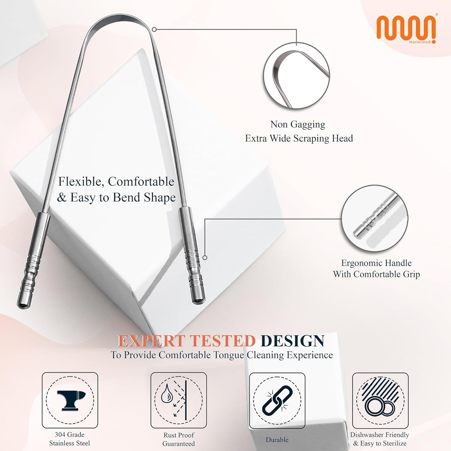 MasterMedi Tongue Scraper with Multicolor Cases (2 Pack), 100% Stainless Steel, Reduce Bad Breath, Easy to Use Tongue Scraper for Adults, Tongue Cleaner for Oral Care & Hygiene