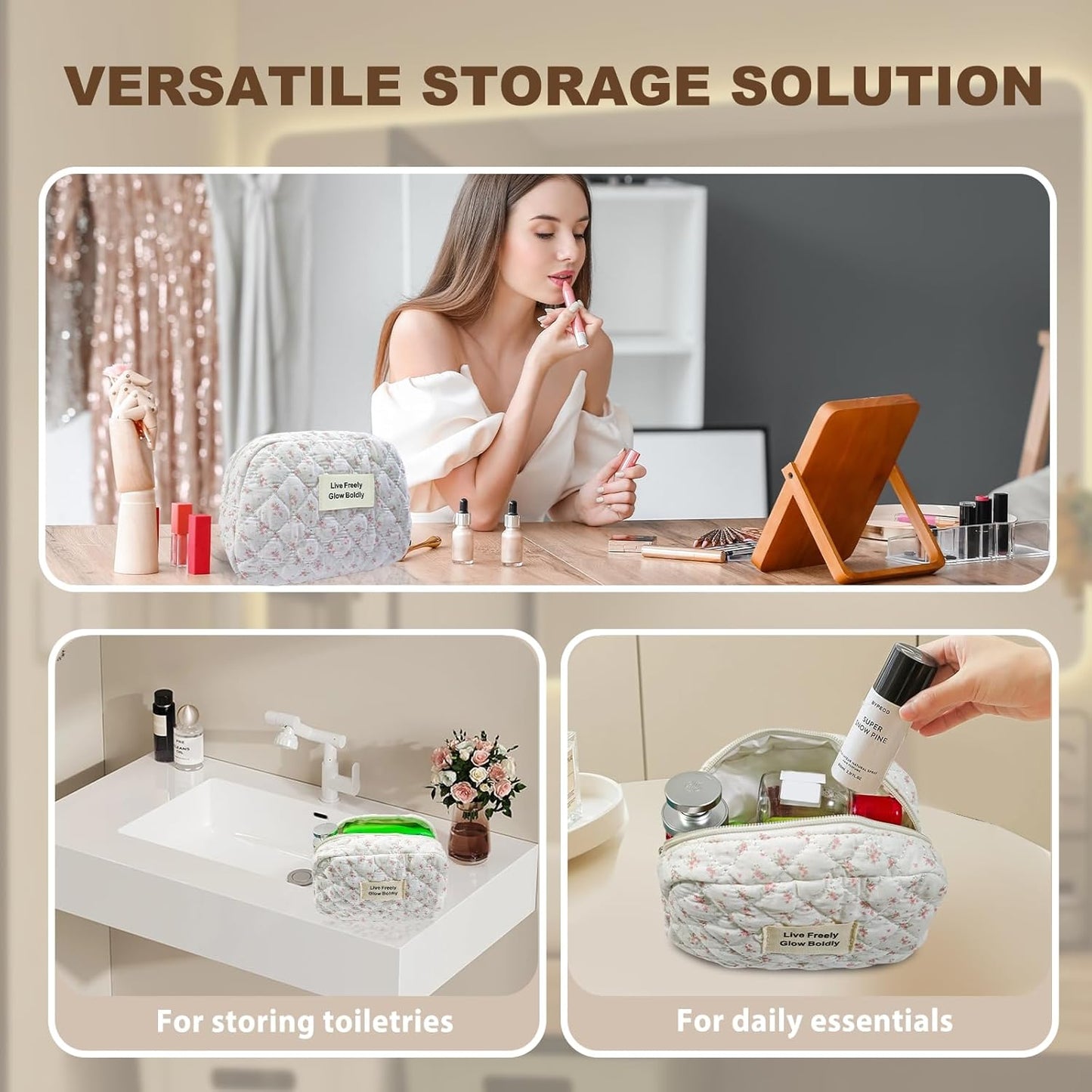 3Pcs Large Travel Quilted Makeup Bag, Double Layer Cute Floral Cotton Toiletry Bag, Aesthetic Flower Cosmetic Bag Coquette Skincare Organizer Bag for Wome (74-PinkFloral)