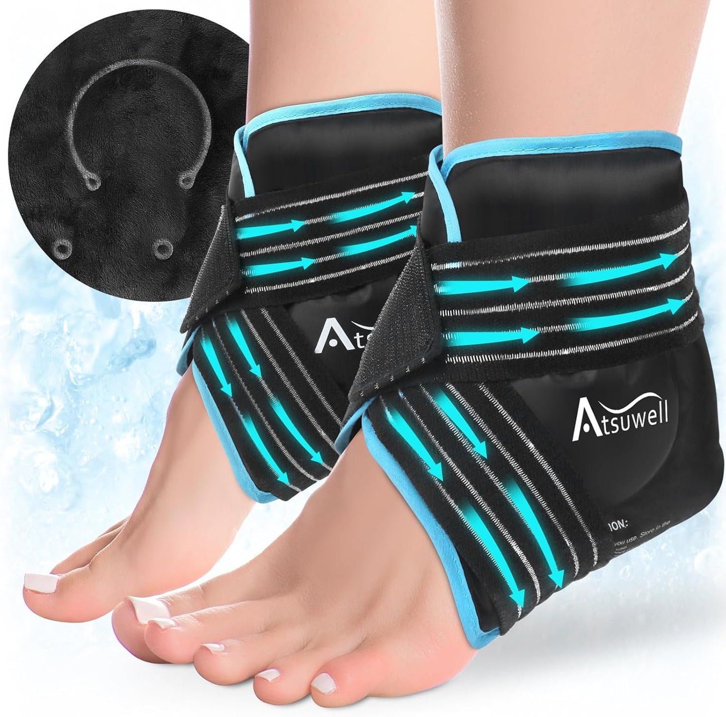Atsuwell Ankle Ice Pack Wrap 2 Packs, Ankle Ice Wraps Flexible Gel Cold Pack for Foot Heel, Cold Compress Therapy for Soothing Discomfort, Black