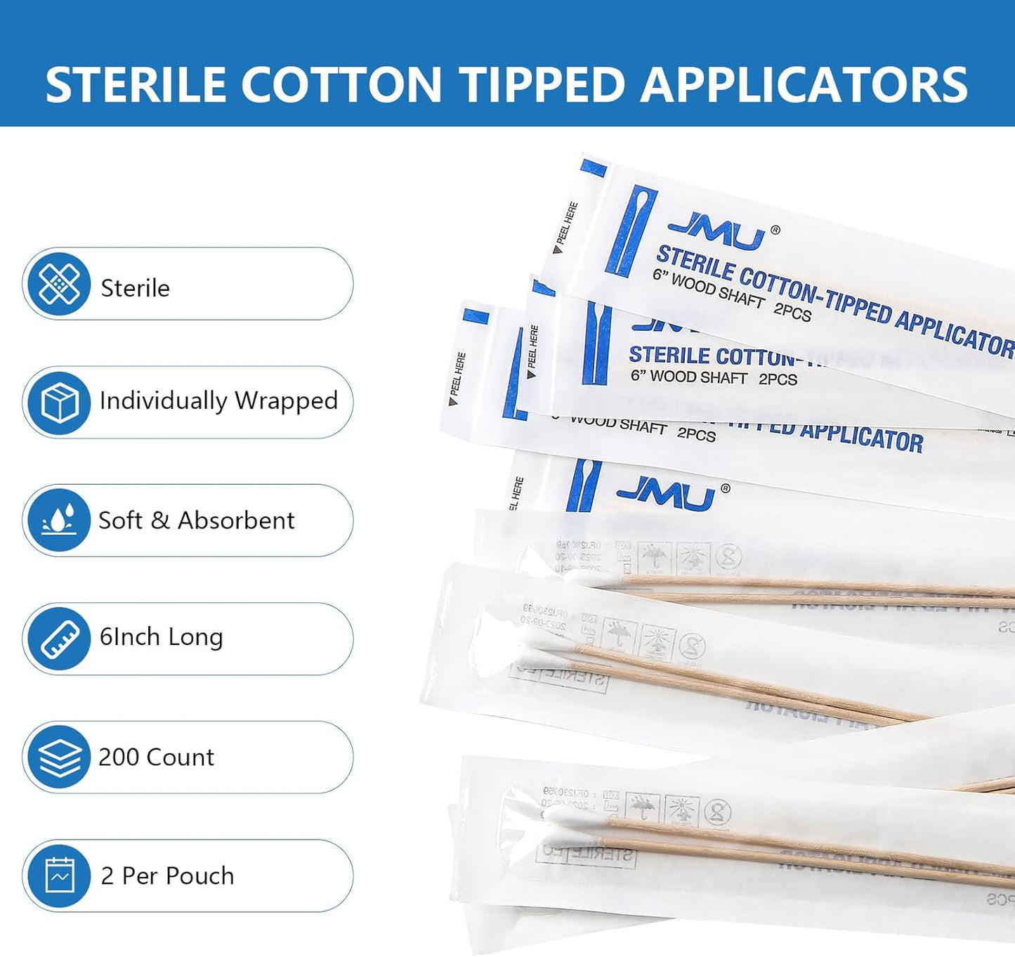 JMU 6 Inch Sterile Cotton Tipped Applicators, 200 Count Long Cotton Swabs, Wood Shaft Medical Swabs