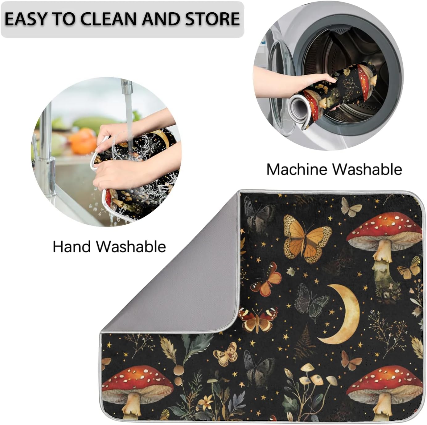 Hexteria Mushrooms and Butterflies Dish Drying Mat for Kitchen Counter Microfiber Absorbent Dish Draining Reusable Washable Foldable Large 16"x18"