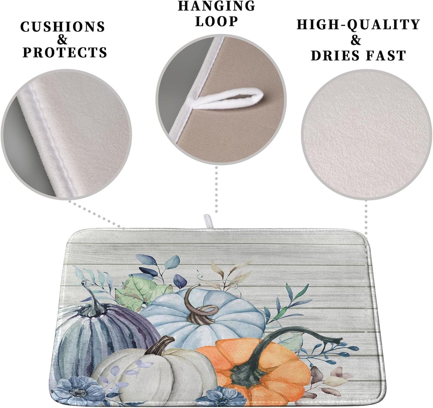 Fall Blue Orange Grey Pumpkin Kitchen Dish Drying Mat for Kitchen Counter 16x18 Inch Autumn Teal Flowers Drying Mat Thanksgiving Harvest Dish Drainer Mat Super Absorbent Dish Rack Pad for Coffee Bar