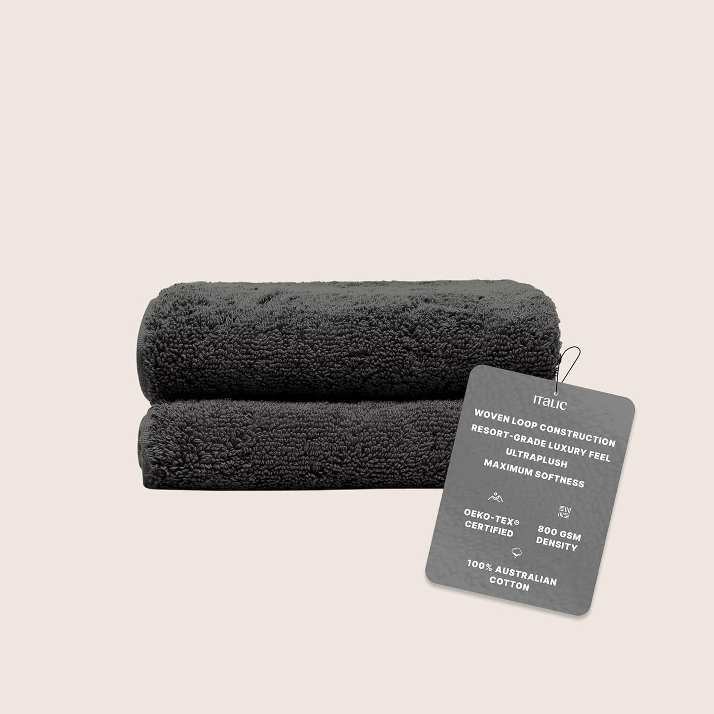 Italic Ultraplush 100% Australian Cotton Hand Towels - Set of 2 Luxury Hand Towels, Ultra Soft and Highly Absorbent 800GSM Towels for Bathroom,Shower, Hotel, and Spa (Charcoal)