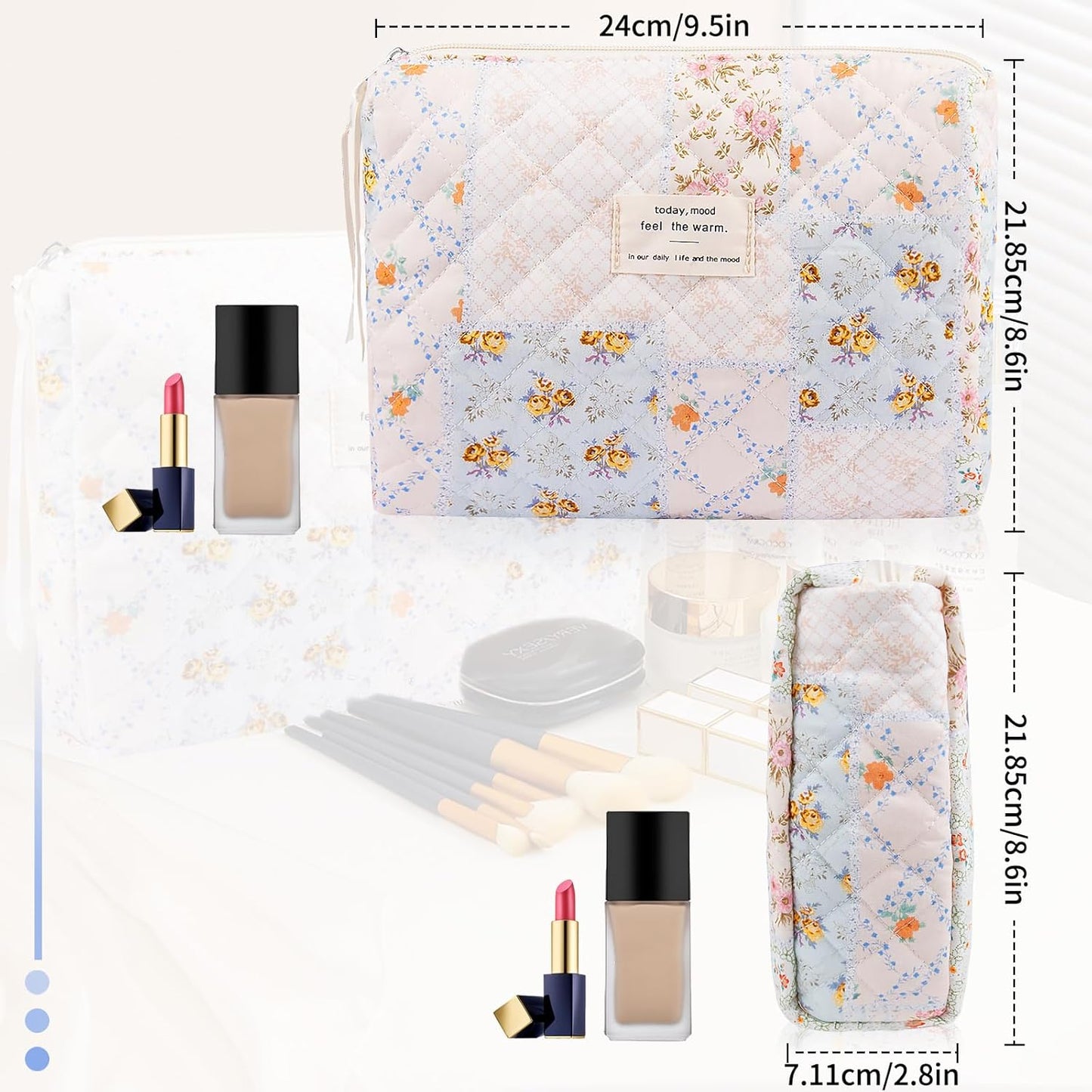 Floral Makeup Bag, Small Cosmetic Bag for Women Girls, Cute Cotton Makeup Bag, Quilted Makeup Bags, Flower Travel Toiletry Organizer Bag(Folk Style)