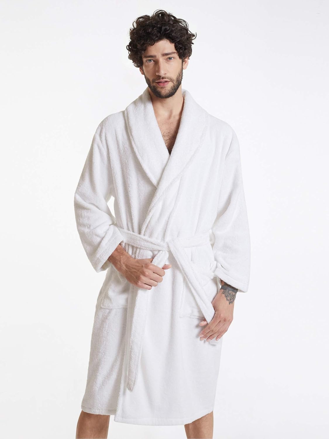 SIORO Mens Terry Bath Robe, Plush Hooded Cotton Cloth Knee-Length Robes for Spa, Shower, Soft Towel Bathrobes with Pockets