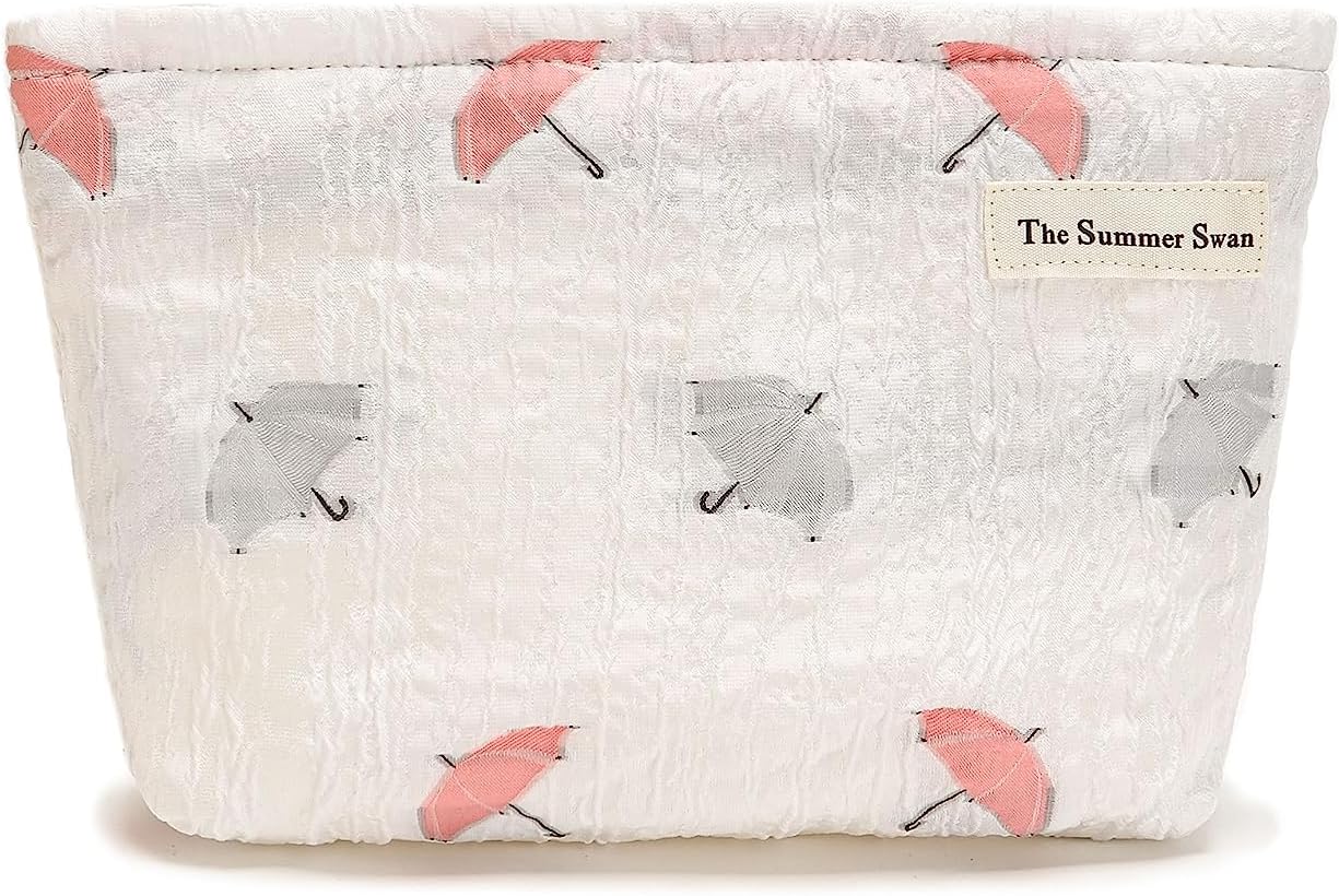 The Summer Swan | Large Aesthetic Floral Mid-day Clutch Period Kit Hygiene Skincare Cute Makeup Bag (Umbrella White)