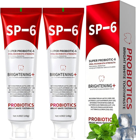 SP-6 Probiotic Whitening Toothpaste - Enhanced Formula with 6 Probiotics for Teeth Whitening, Fresh Breath & Gum Health - Enamel Protection, Fluoride-Free, Fresh Mint Flavor, 4.9 oz (2)
