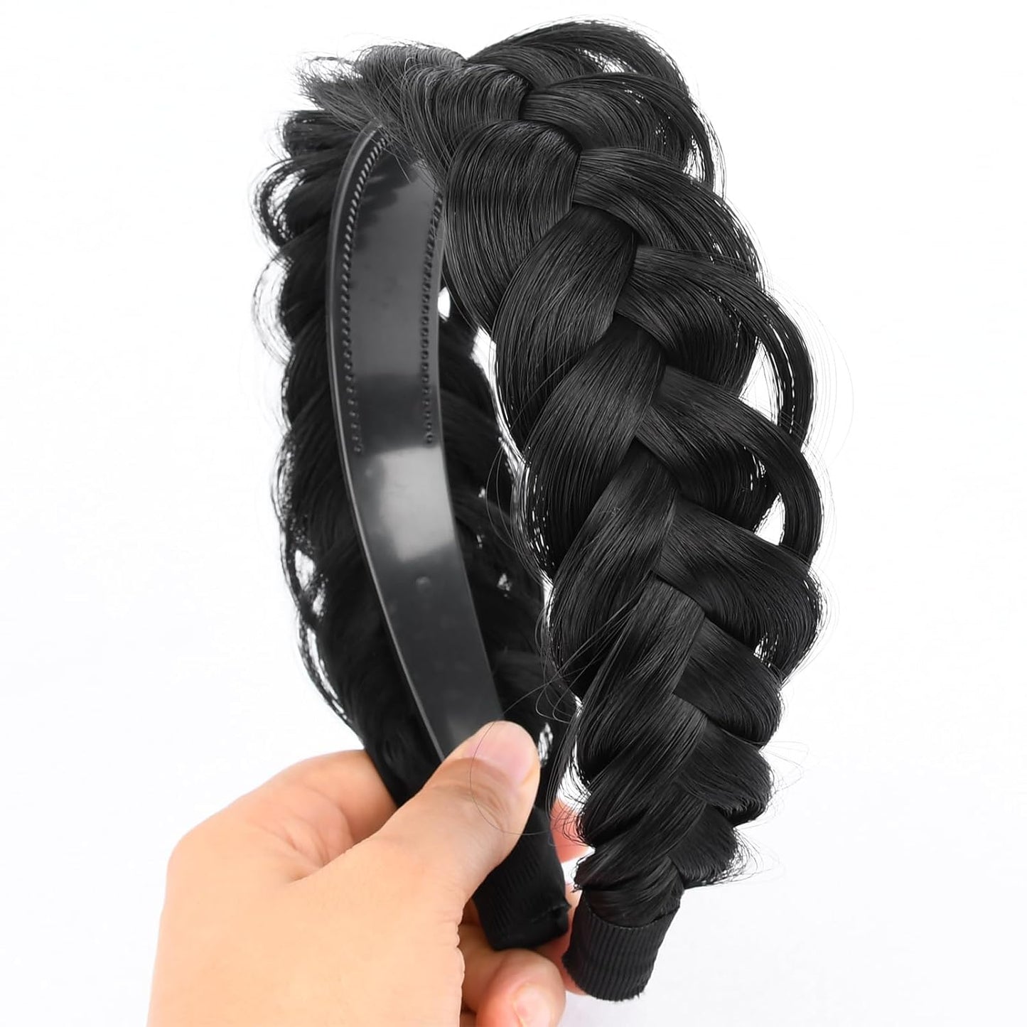 DIGUAN Wide Messy Braided Headband With Teeth Synthetic Hair Plaited Headband High Elasticity Braids Chunky Fishtail Braided Hair Band Hairpiece for Girls Women Beauty Accessory (Black)