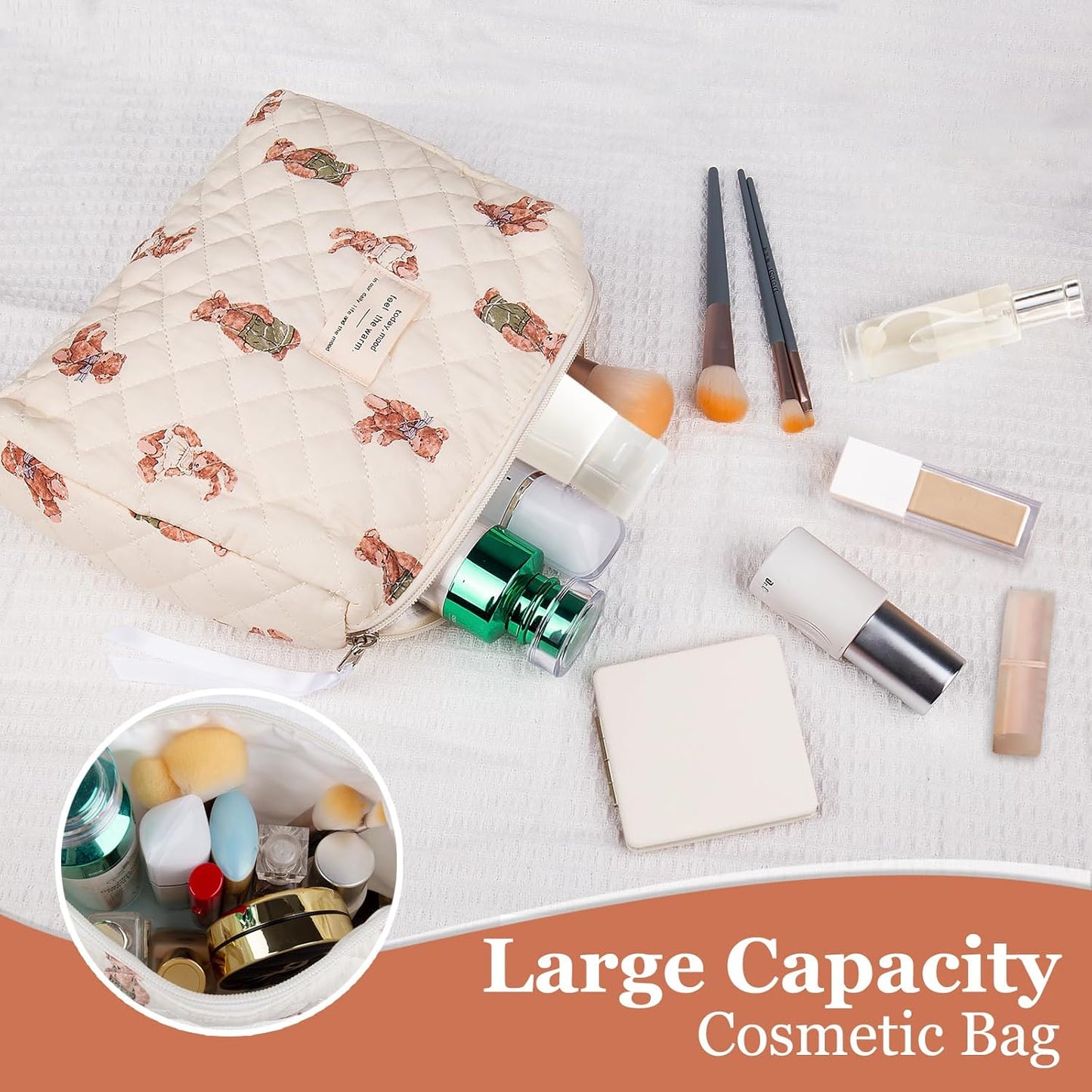 Floral Makeup Bag, Small Cosmetic Bag for Women Girls, Cute Cotton Makeup Bag, Quilted Makeup Bags, Flower Travel Toiletry Organizer Bag (White Bear)