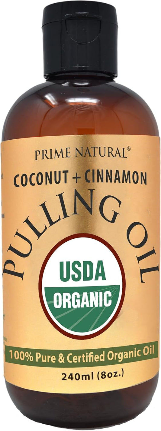 PRIME NATURAL Oil Pulling with Organic Coconut & Organic Cinnamon Bark Oil 8oz - Natural Oral Care & Teeth Whitening - Alcohol Free Mouthwash Freshens Breath, Healthier Teeth & Gums