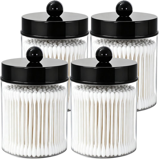 AXX Qtip Dispenser Apothecary Jars Bathroom - Qtip Holder Storage Canister Clear Plastic Jar for Cotton Swab,Q-Tips,Cotton Rounds (F#Black 4Pcs)