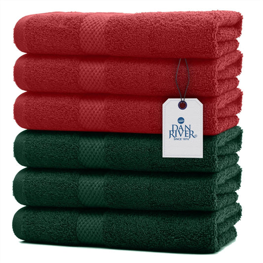 DAN RIVER 6-Pack Premium Christmas Hand Towels (16x28 Inches) - 100% Cotton, Ultra Soft, Lightweight, Highly Absorbent Towels for Bathroom, Gym, Salon, Hotel, and Travel - 550 GSM - Red & Green Combo