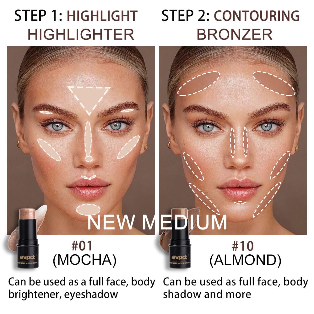 evpct 2Pcs Face Cream Contour Bronzer Sticks Makeup Highlighter Highlight Almond Mocha Creme Cheek Contour Sticks contorno en crema Bronzing Foundation Face Contour Stick Kit,1+10 New Medium