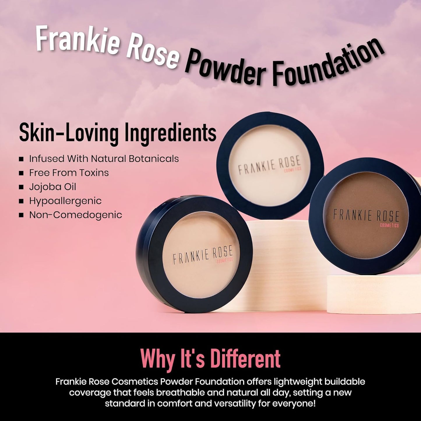 Frankie Rose Cosmetics Powder Foundation – Full Coverage Face Powder For Pores & Imperfections, Evens Out Skin Tone & Shine-Control | 58 Grams (Chestnut)