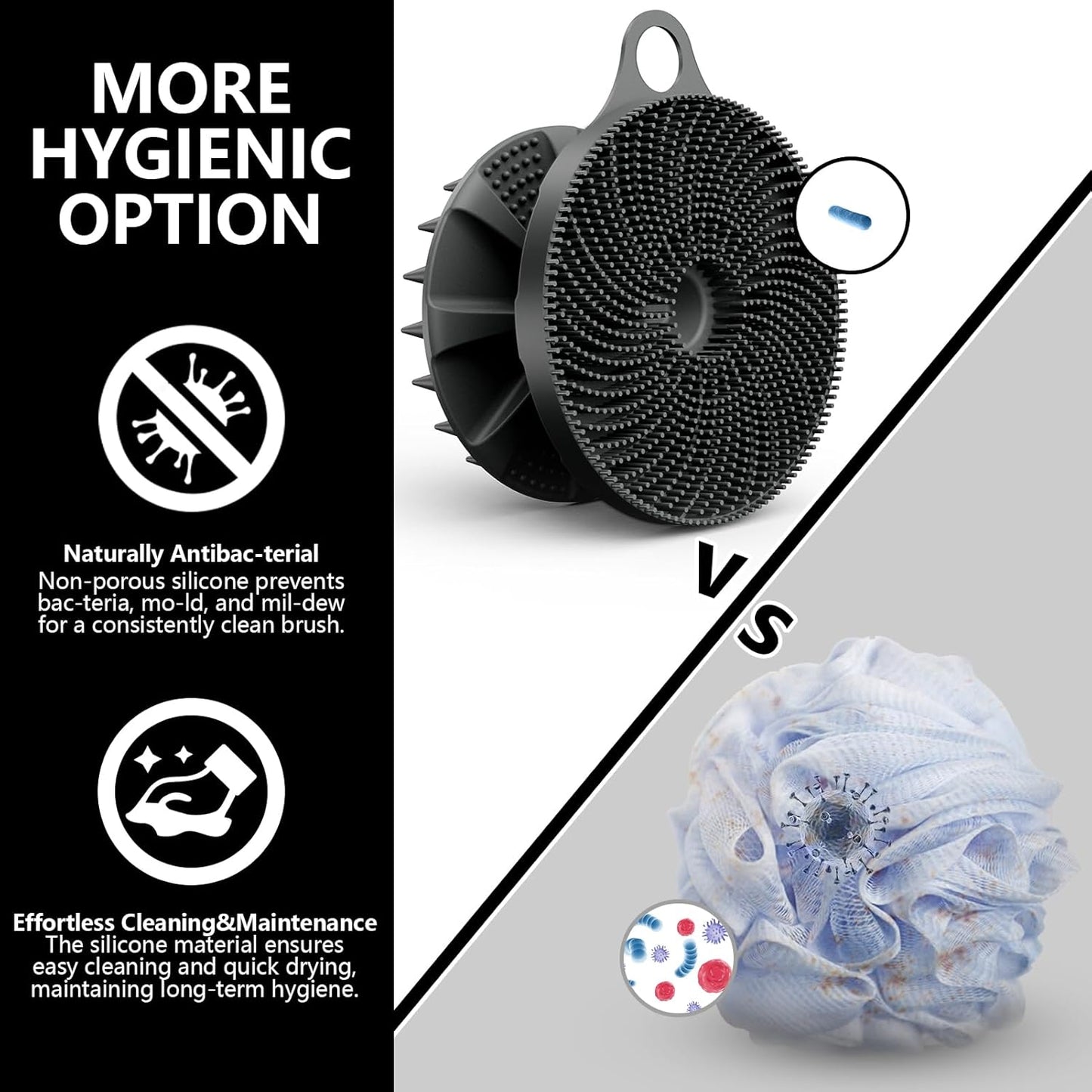 2 in 1 Silicone Brush, BEAUTAIL Body Shower Scrubber and Scalp Hair Massager Shampoo Brush, Deeply Cleanse Skin, Dandruff Removal and Hair Growth, Gentle for Women Men Sensitive Skin, 1 Pack (Black)