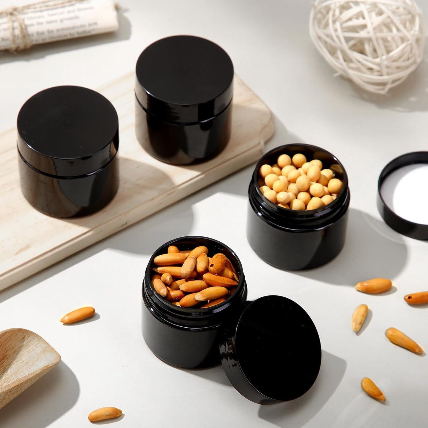 SATINIOR 12 Pack 2 oz Plastic Container Jars with Lids Round Clear Travel Cosmetic Container Slime Jar for Toiletries, Lotion, Cream, Ointment, Makeup, Rhinestone, Sample, Kitchen Storage(Pure Black)