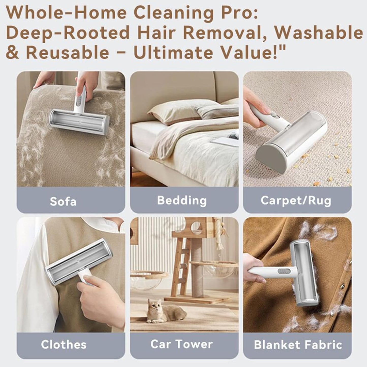 Pet Hair Remover & Lint Roller- Remove Cat/Dog Hair from Car Interiors, Furniture, Couch, Carpet and Bedding - Reusable & Washable Animal Fur Removal Tool for Pet Owners (Brown & White)