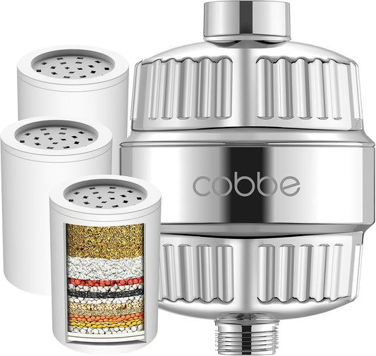 Cobbe High Output Shower Filter for Hard Water - Extra 2 Replaceable Cartridges - Removing Chlorine and Harmful Substance, and Dramatically Improves The Condition of Your Skin, Hair and Nails - Chrome