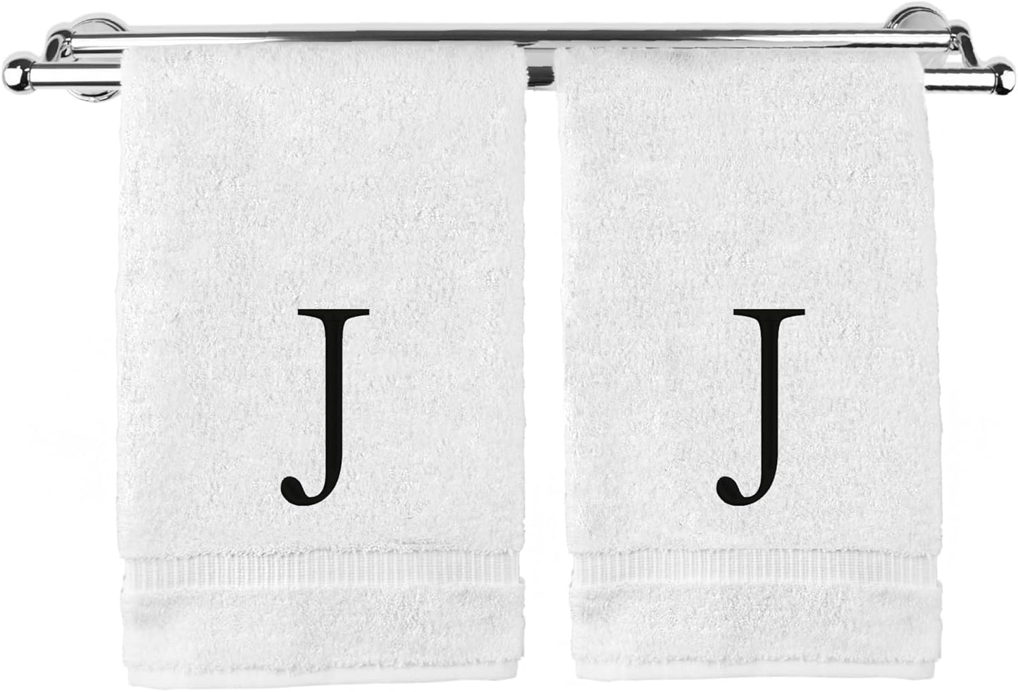 Monogrammed Hand Towel, Personalized Initial Gift, Extra Absorbent 100% Turkish Cotton - Soft Terry Finish - Set of 2 - Black Block Initial J - Embroidered on White Towels