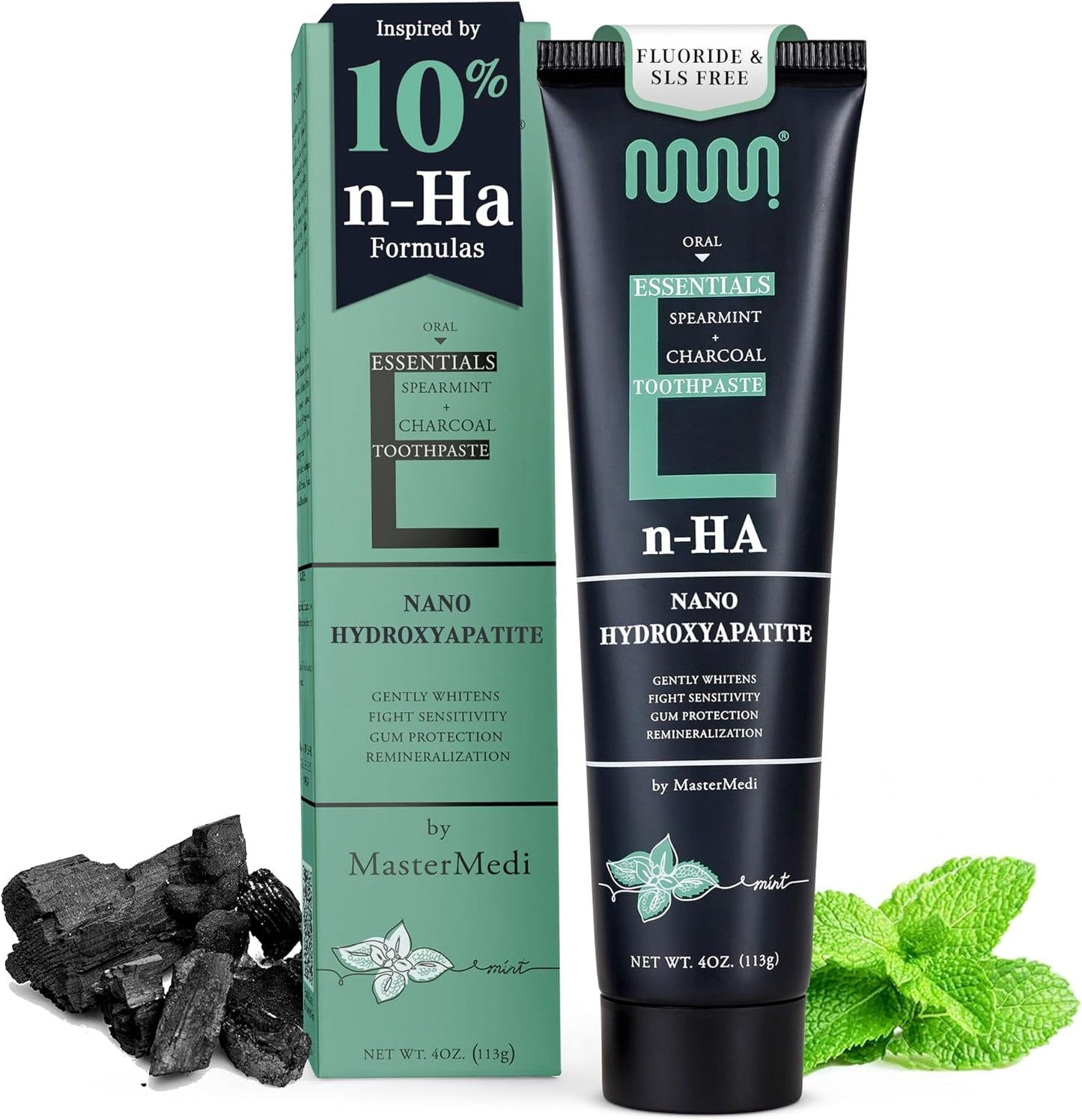 MasterMedi Nano Hydroxyapatite Toothpaste (Inspired by 10% nHA Formulas), Fluoride-Free, Charcoal Whitening, Sensitive Teeth Care, Enamel Support, SLS-Free, Xylitol, Citrus Mint, 4 Oz (Pack of 1)