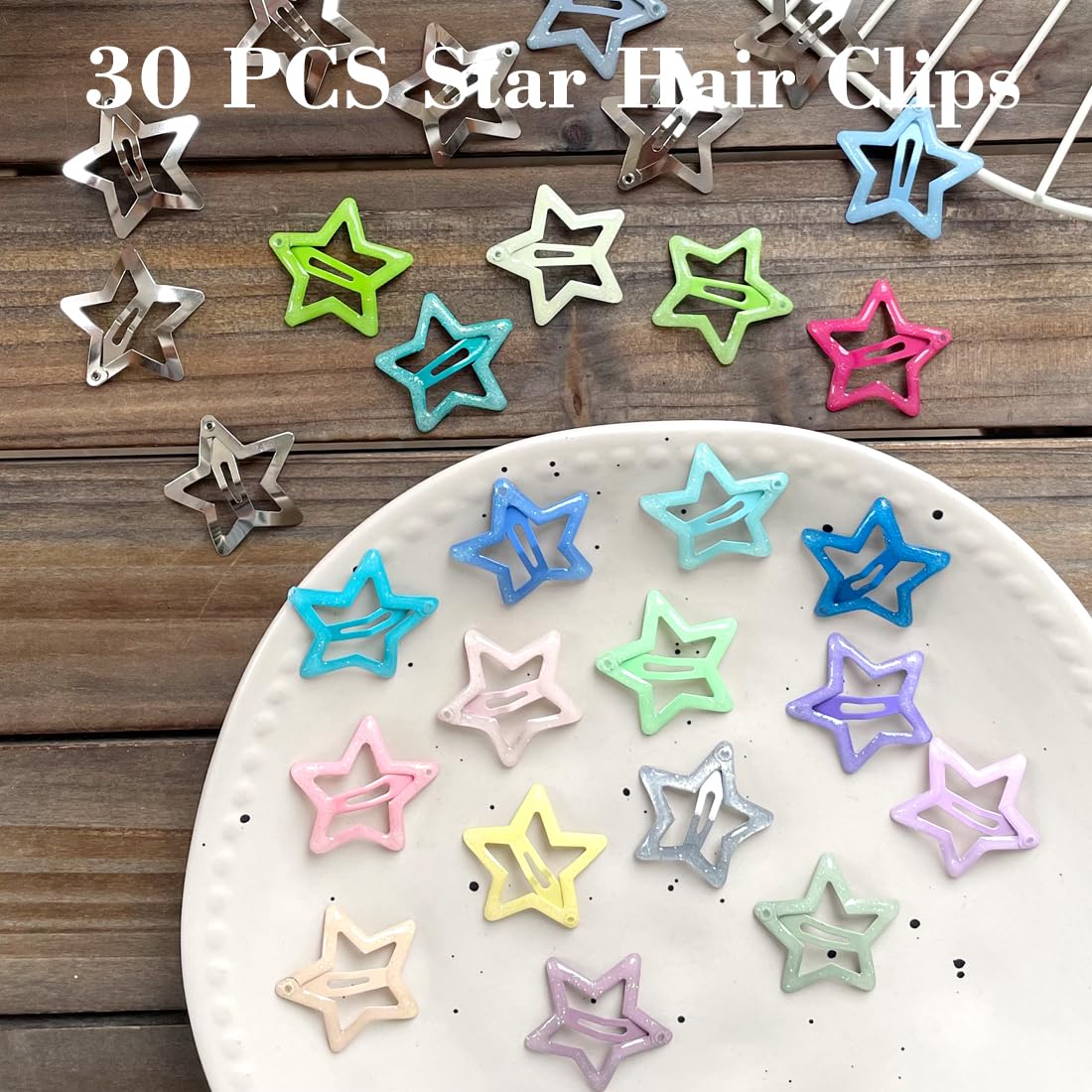 30 PCS 1.22" Sparkling Stars Hair Clips Snap Non Slip Clips for Girls Women Multicolor Metal Clip Star Hair Barrettes Star Hair Clips for Women