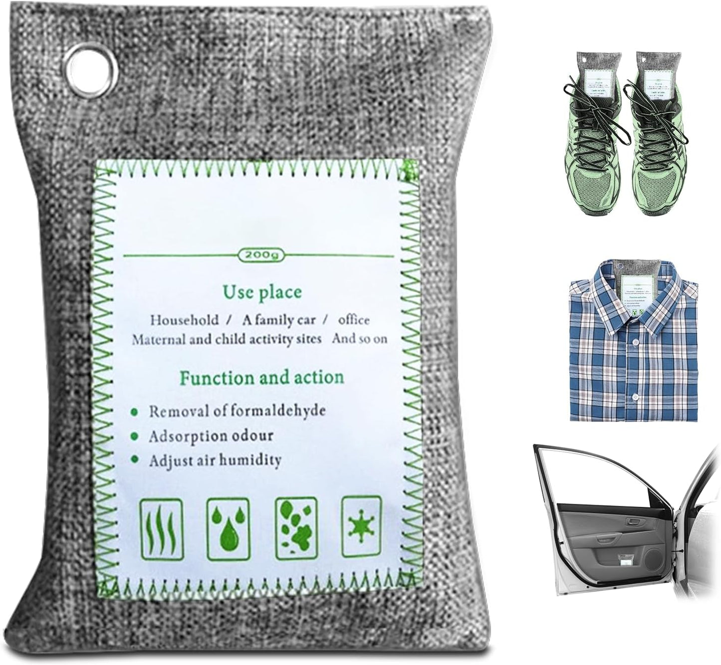 4 Pack charcoal odor absorber,Bamboo Charcoals Air Purifying Bag Charcoals Deodorizer Eliminator for Strong Odors in Car, Closet, Shoe, Basement (200G*4 Pack Gray-3, Unscented)