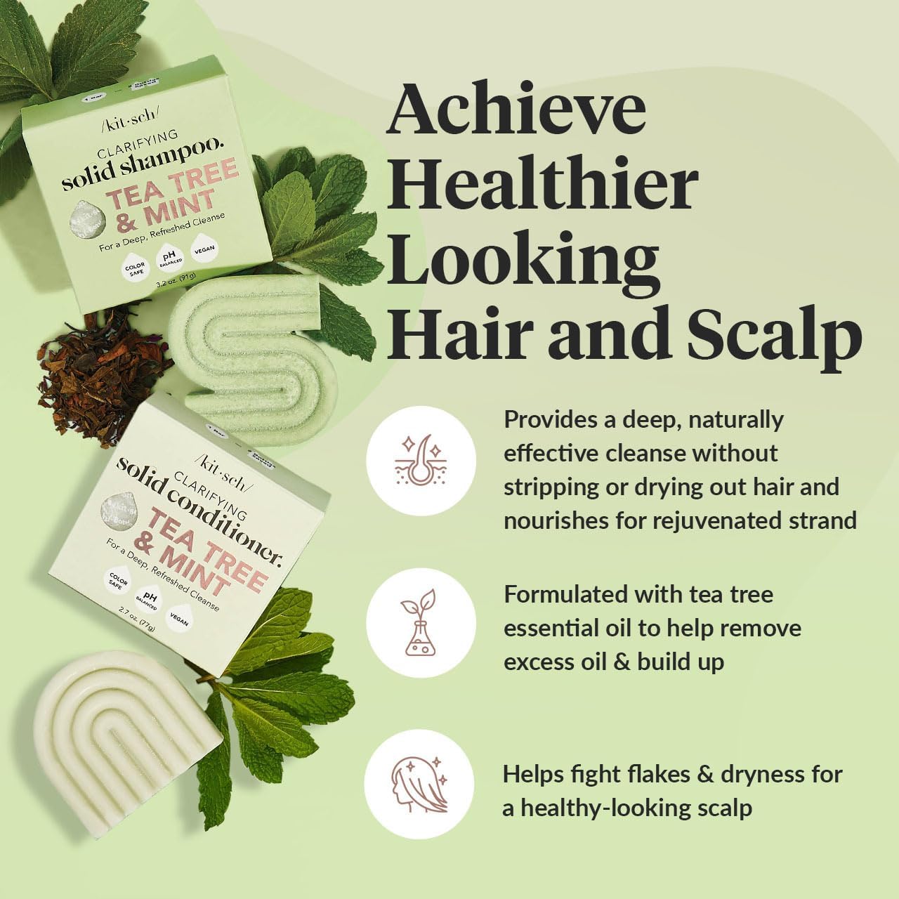 Kitsch Clarifying Tea Tree Shampoo and Conditioner Set – Shampoo & Conditioner Bar for Women and Men, Scalp & Oil Control Hair Care – Free of Paraben, Sulfate & Silicone – Made in USA - 2 pcs