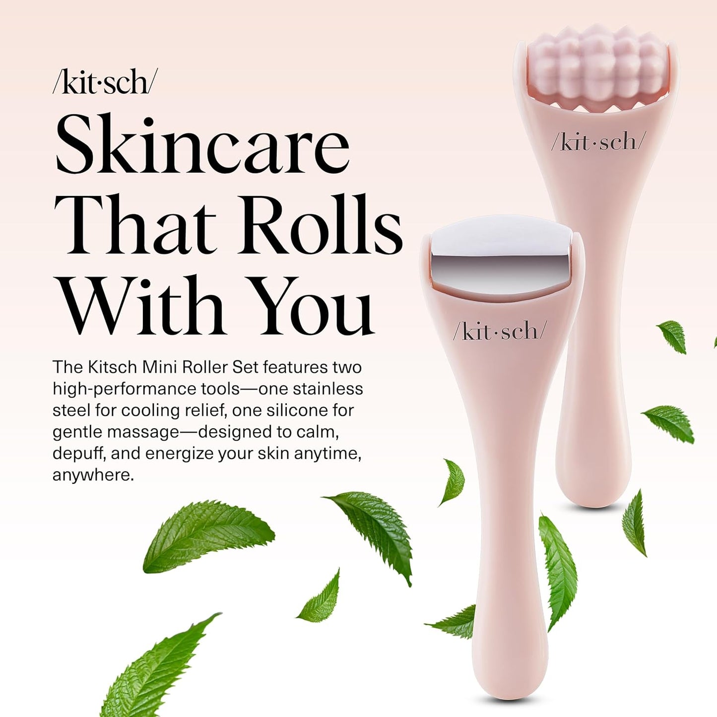 Kitsch Mini Facial Roller & Ice Face Roller Skin Care Tool Set for Women - Face Massager for Puffy Eyes, Cold Therapy, Lymphatic Drainage Massager, Self Care Gifts for Women & Men - Blush