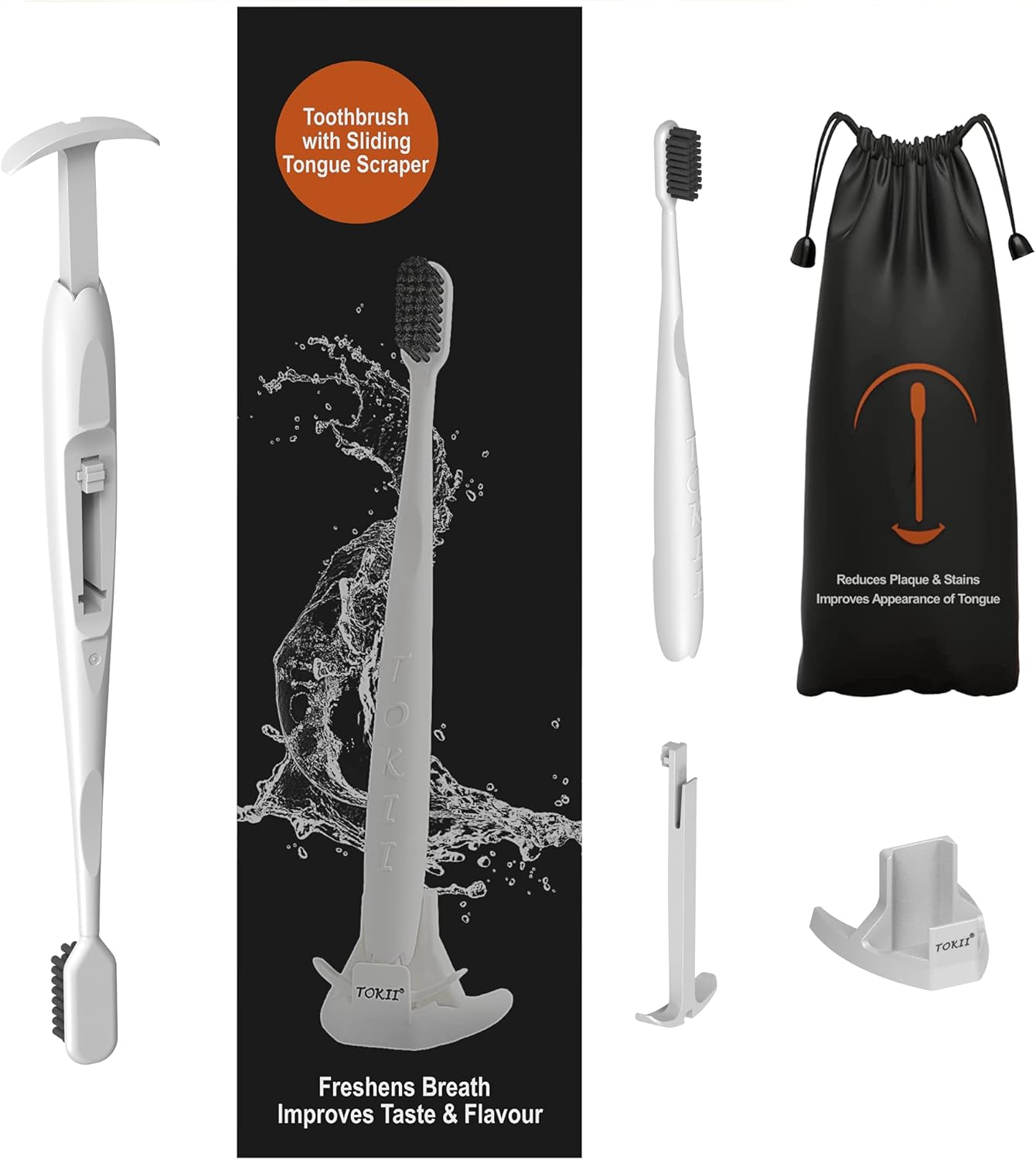 TOKII Tongue Scraper Cleaner Charcoal Bristles Toothbrush for Bad Breath with Waterproof Pouch for Travel, Hygienic Stand and Enviromentally Friendly (White, Pack of 2)