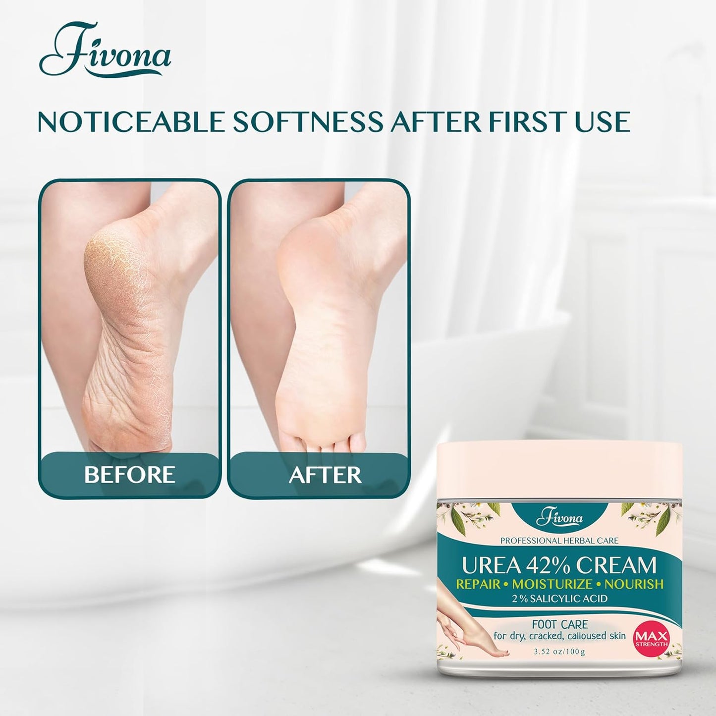 FIVONA 42% Urea Cream with 2% Salicylic Acid, Foot Cream for Feet Maximum Strength with Tea Tree and Aloe Vera Extracts Foot Lotion for Dry Cracked Heels, Callus Remover, Moisturizer Repair Cream