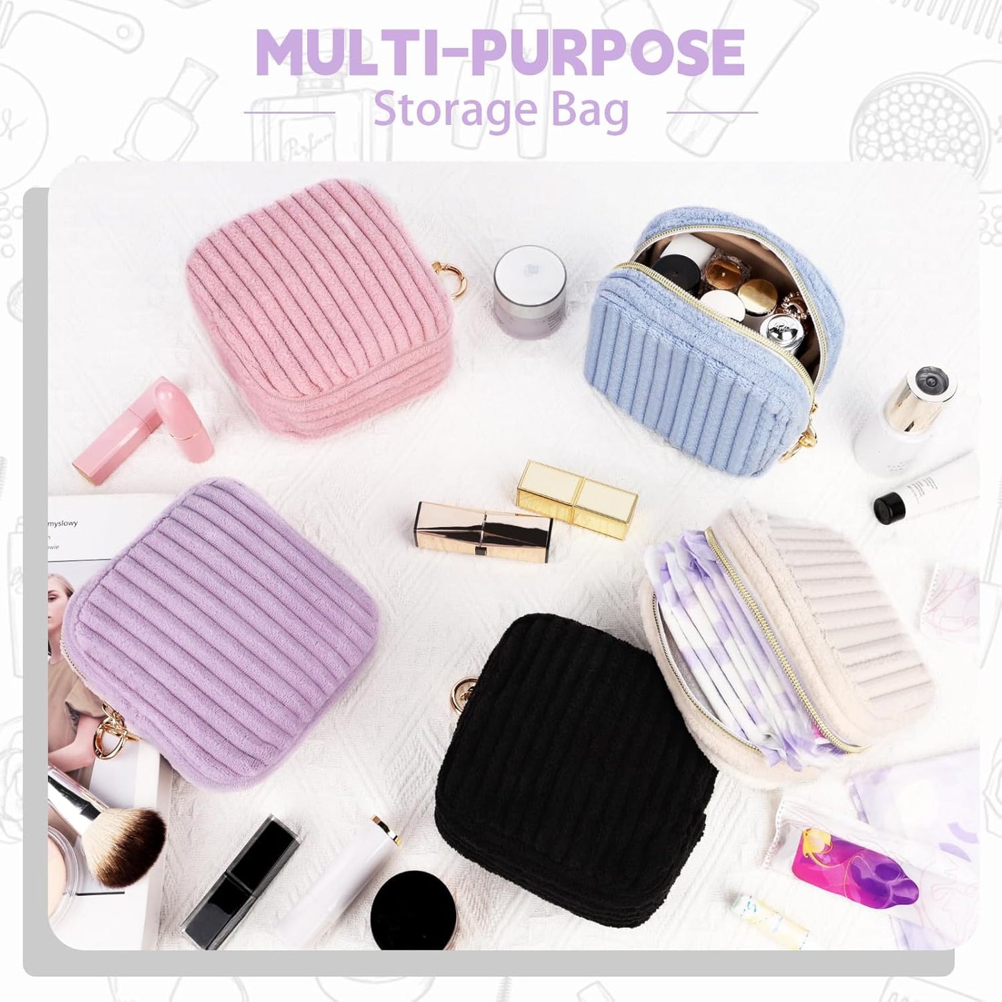 Period Bag for Teen Girls, Corduroy Sanitary Napkin Storage Bag, Fluffy Menstrual Pad PouchTampon Holder for Purse (Black)