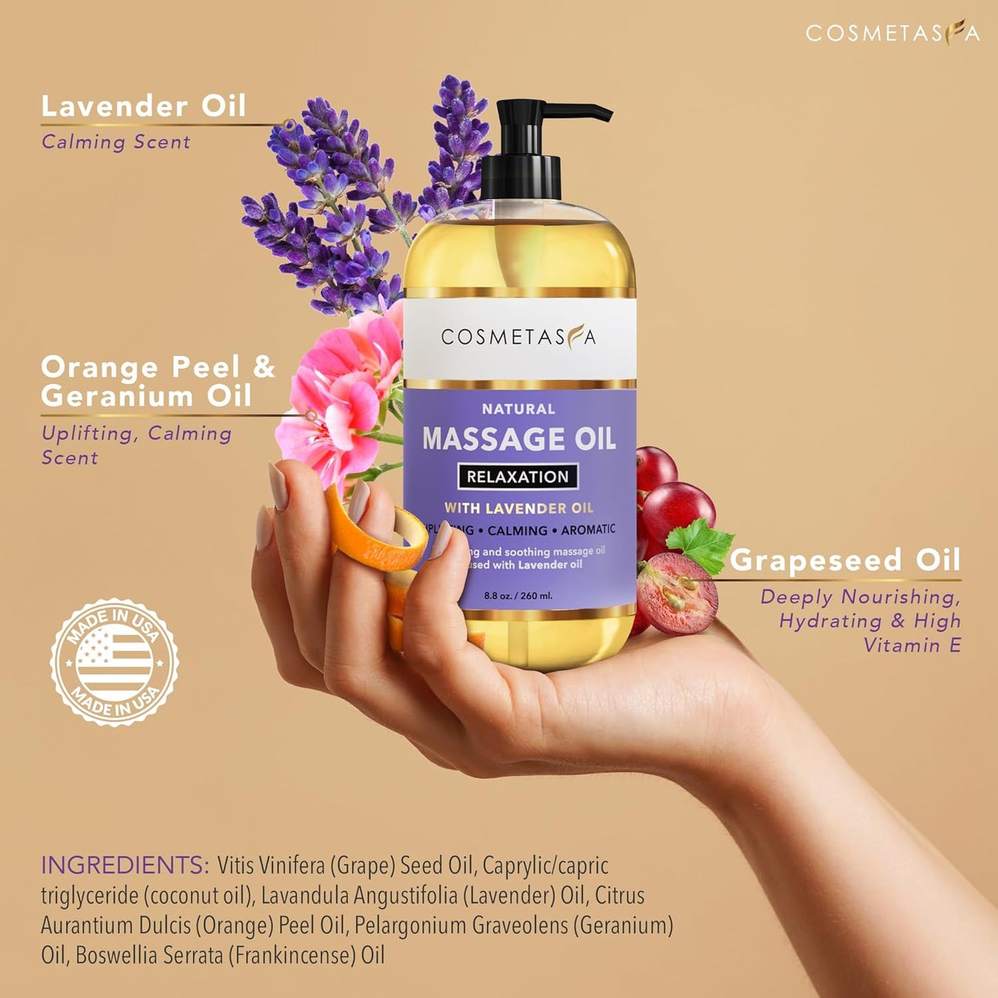 Cosmetasa Massage Oil Spa Gift Set for Women – Relaxing Lavender, Warming Arnica & Nourishing Citrus & Coconut Oils – Includes Roller Ball, Thumb Saver & Hot Stones – Self Care Kit & Body Massage Oils