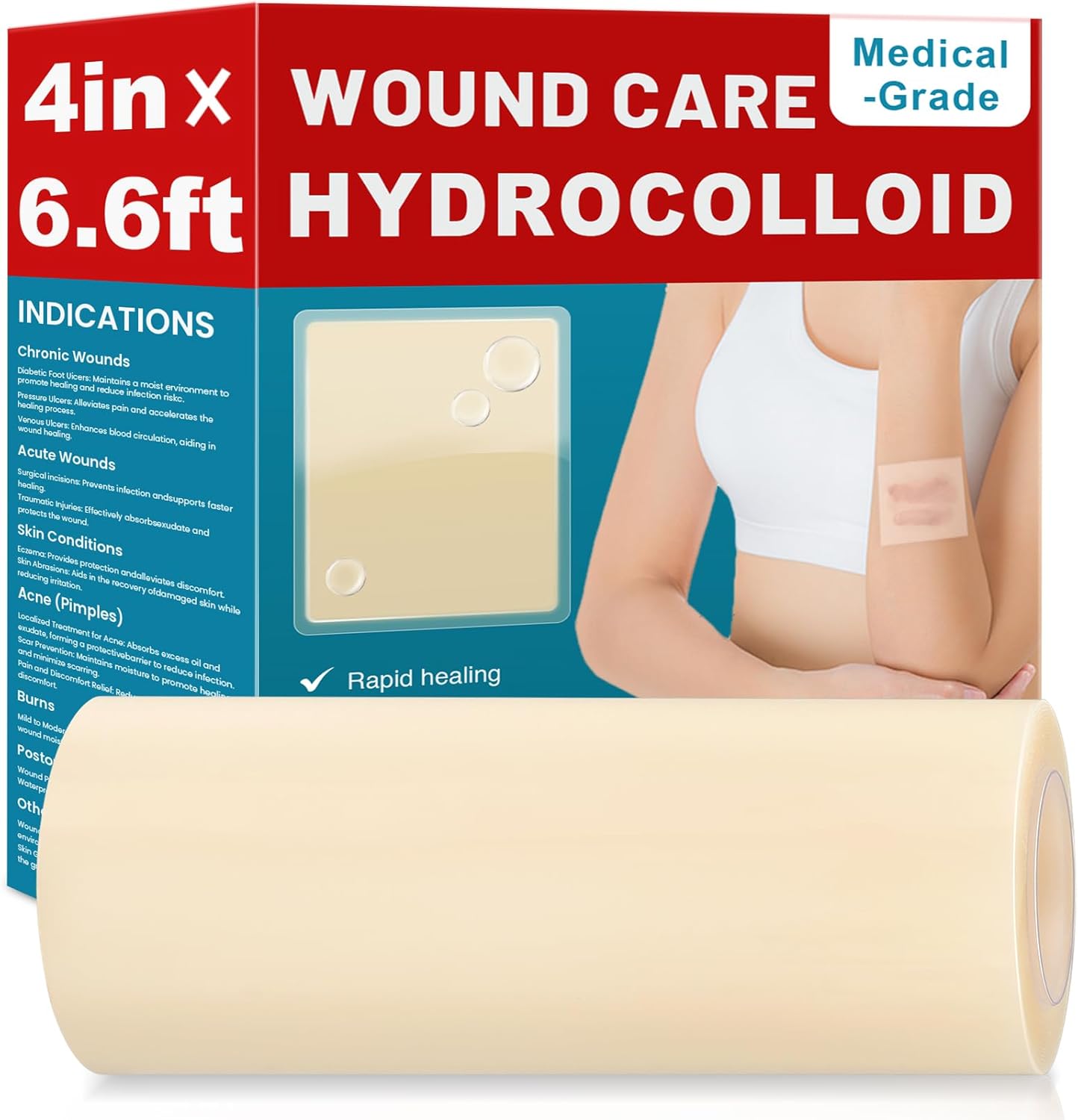 WUYUAN Hydrocolloid Roll for Wound Care, 4in*6.6ft Hydrocolloid Bandages with Self-Adhesive, Extra Large Hydrocolloid Patch Bandages Cut-to-Size, Ultra Absorbent, Waterproof