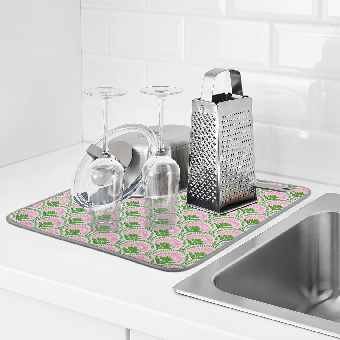 SHIYUE Dish Drying Mat for Kitchen Counter Super Absorbent Spring Kitchen Decor Microfiber Drying Matainers Rack Fast Pad Dish Drainer Mats(Bohe Flower,16''x18'')