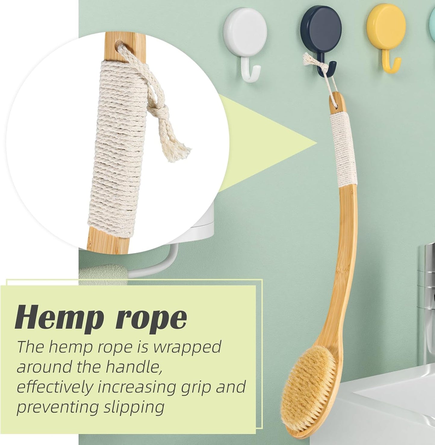 Bath Body Brush Shower, 22" Super Long Curved Bamboo Handle Antiskid Back Body Scrubber Wet/Dry Brushing, Moderately Soft Natural Bristle Body Brush for Showering