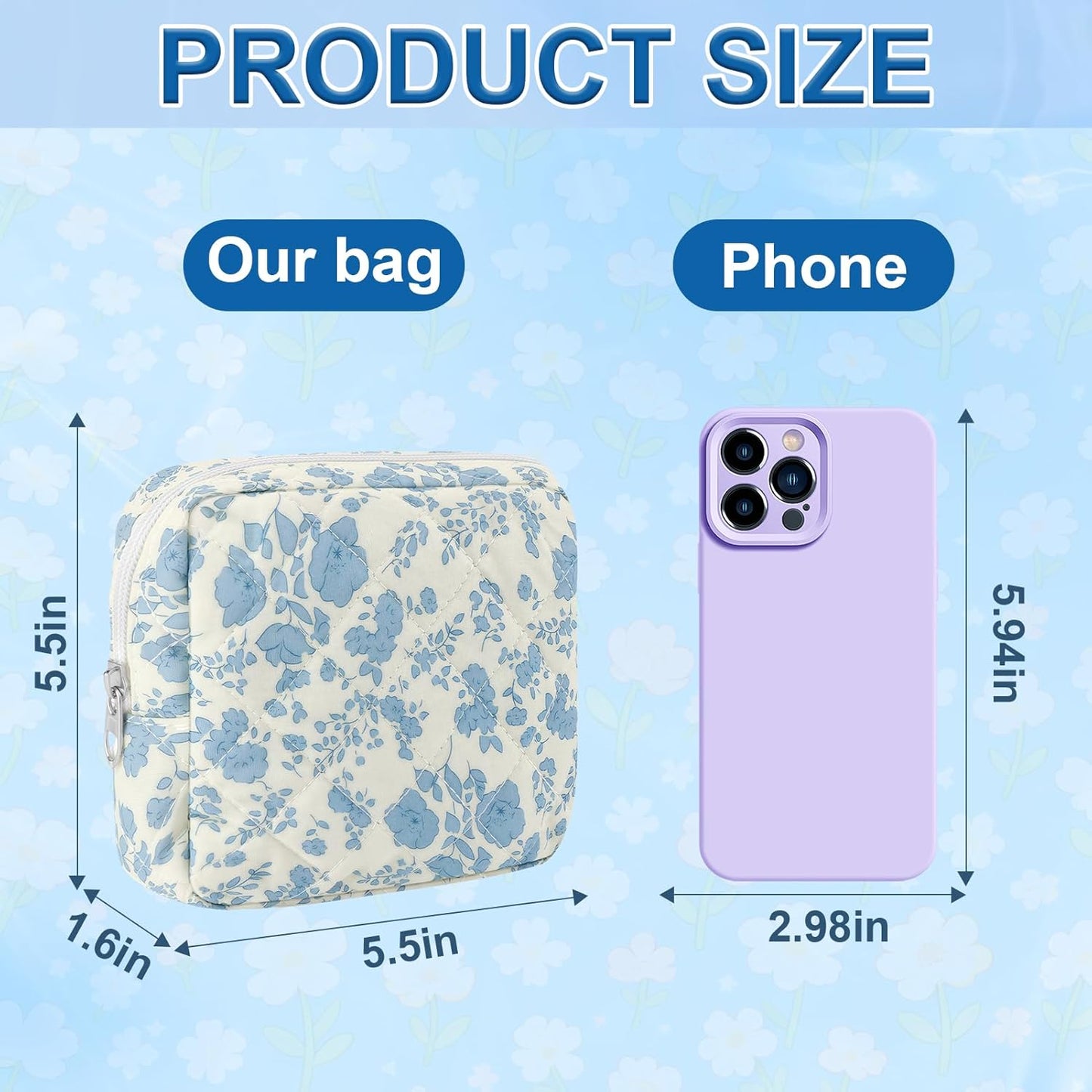 Small Quilted Cotton Makeup Bag for Purse Mini Cosmetic Period Bag for Women Cute Blue Flower Makeup Sanitary Pouch Portable Travel Toiletry Bags with Zipper Slip in Pockets Birthday Gifts