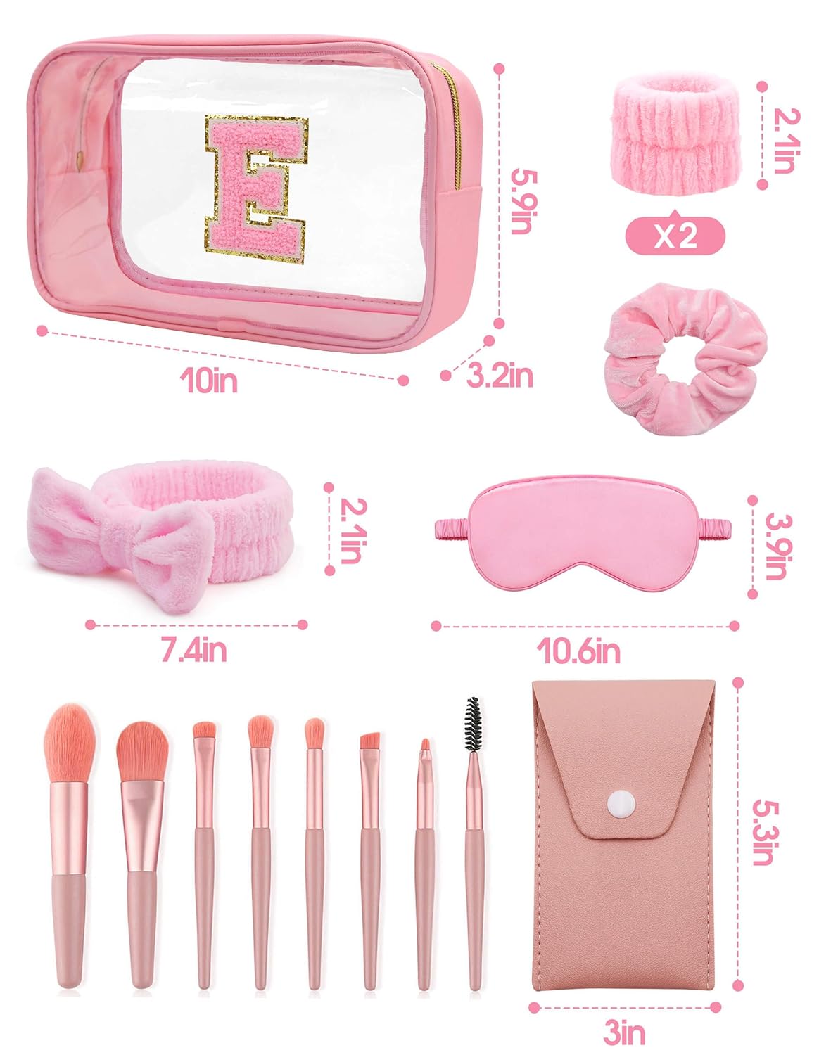 Gift Sets for Women, Initial Makeup Bag with Makeup Brush Set Bachelorette Party Favors, Pink Spa Kit with Skincare Headbands Wrist Bands Sleepover Party Supplies Gifts for Teen Girls Bridesmaid E